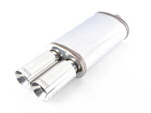 BMW Universal Muffler with Tips - Street Series; Piping: 2.25in.; Muffler Style: 5x8in. Oval; Tips: Dual 3.5in. Diameter, Round Straight-cut, 6.5in. Long, Double-wall; Body: 14in.; Overall: 23.5in.