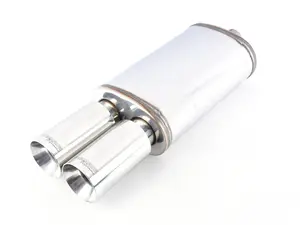 BMW Universal Muffler with Tips - Street Series; Piping: 2.25in.; Muffler Style: 5x8in. Oval; Tips: Dual 3.5in. Diameter, Round Straight-cut, 6.5in. Long, Double-wall; Body: 14in.; Overall: 23.5in.