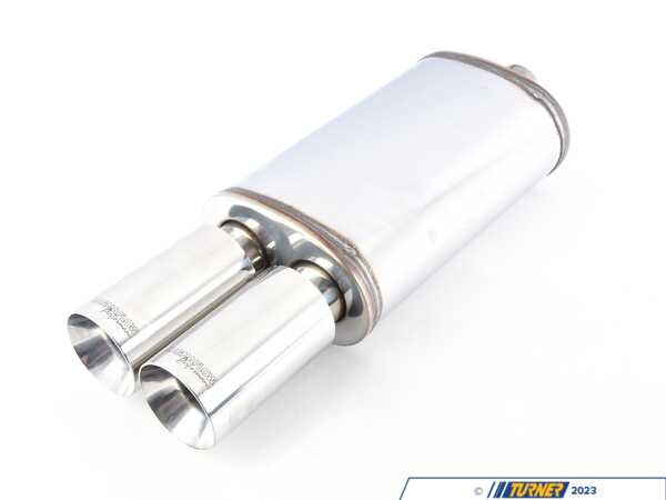Magnaflow BMW Universal Muffler with Tips - Street Series; Piping: 2.25in.; Muffler Style: 5x8in. Oval; Tips: Dual 3.5in. Diameter, Round Straight-cut, 6.5in. Long, Double-wall; Body: 14in.; Overall: 23.5in. 14816