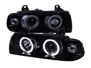LED Halo Projector Headlight Set - Glossy Black - E36