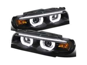LED Dual Halo Projector Headlight Set - Matte Black Housing/Clear Lens - E38