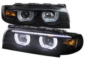 LED Dual Halo Projector Headlight Set - Gloss Black Housing/Smoke Lens - E38