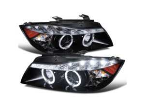 Spec D Dual Halo Projector Headlights with LED Light Strip - Gloss Black Housing/Clear Lens - E90 Pre LCI