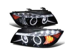 Spec D Dual Halo Projector Headlights with LED Light Strip & LED Signals - Gloss Black Housing/Smoke Lens - E90 Pre LCI
