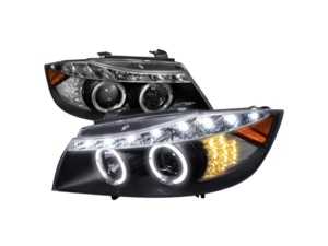 BMW E90 Pre LCI Halo Projector Headlights with LED Light Strip & LED Signals - Matte Black Housing/Clear Lens