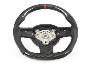 MINI R53 Flat Bottom Carbon Fiber Steering Wheel (Carbon/Perforated Leather/Red Stitching)  RED Center Stripe - Gen 1 Three Spoke