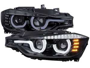 Spec-D HID Projector Headlights W/ LED U-Bar Angel Eyes & Turn Signals - Glossy Black Housing / Smoked Lens - BMW F30 Pre-LCI w/ Non-Adaptive Xenon Headlights